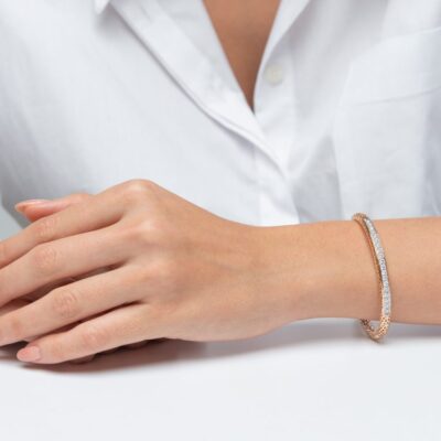 Rose Gold, Rose Altın Pırlanta Taşlı Kelepçe Bilezik, Pembe Altın, 18 Ayar